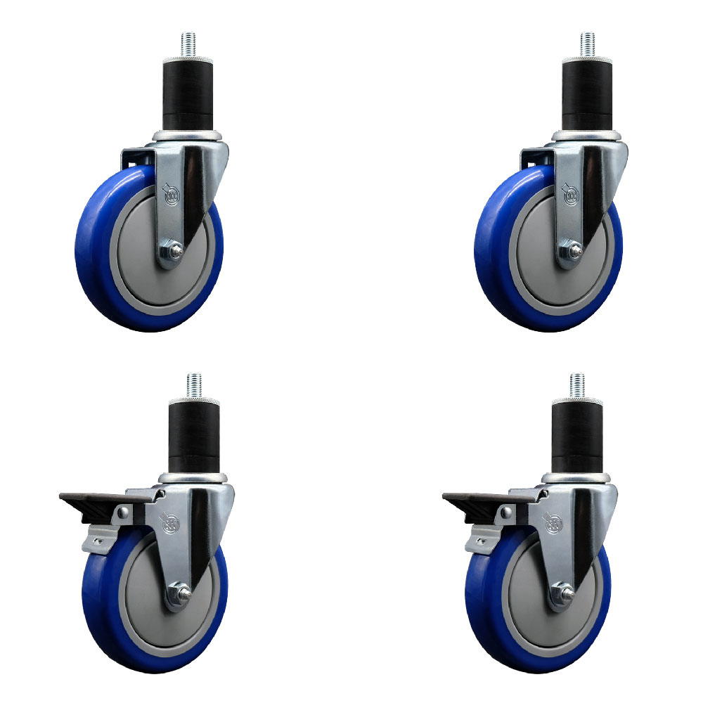 Polyurethane Swivel Expanding Stem Caster Set of 4 with 5 Inch Blue Wheels and 1-3/4" Stems - Includes 2 with Posi Locking Brakes - 1400 lbs Total Capacity - Service Caster Brand — photo 1