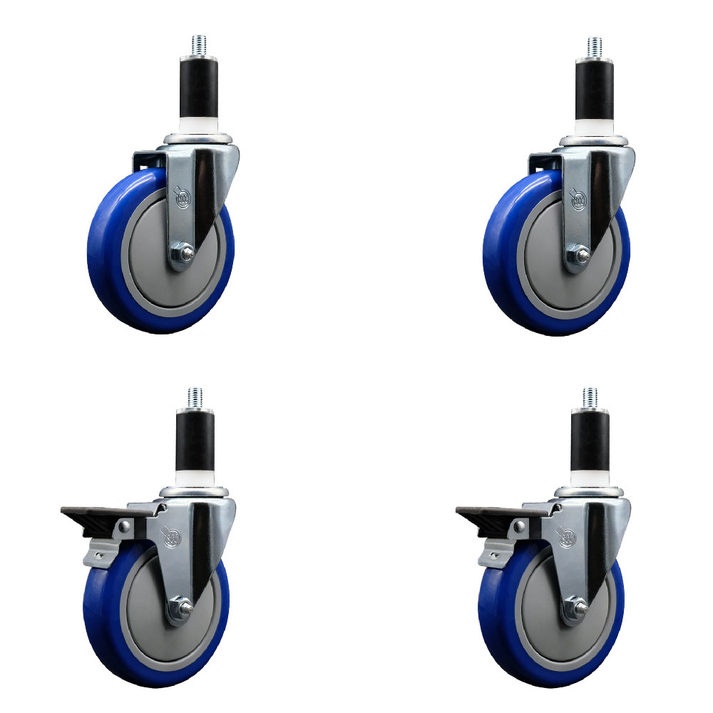 Polyurethane Swivel Expanding Stem Caster Set of 4 with 5 Inch Blue Wheels and 1-3/8" Stems - Includes 2 with Posi Locking Brakes - 1400 lbs Total Capacity - Service Caster Brand — photo 1