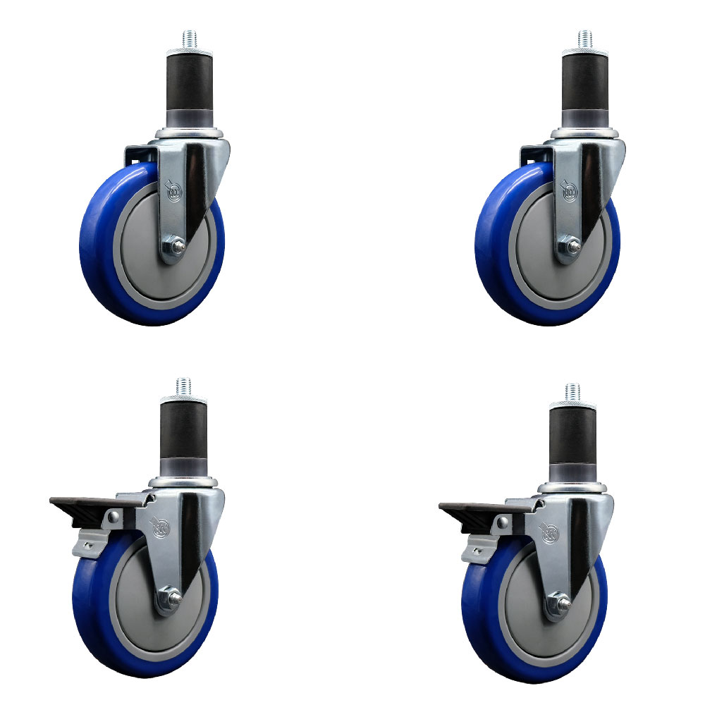 Polyurethane Swivel Expanding Stem Caster Set of 4 with 5 Inch Blue Wheels and 1-5/8" Stems - Includes 2 with Posi Locking Brakes - 1400 lbs Total Capacity - Service Caster Brand — photo 1