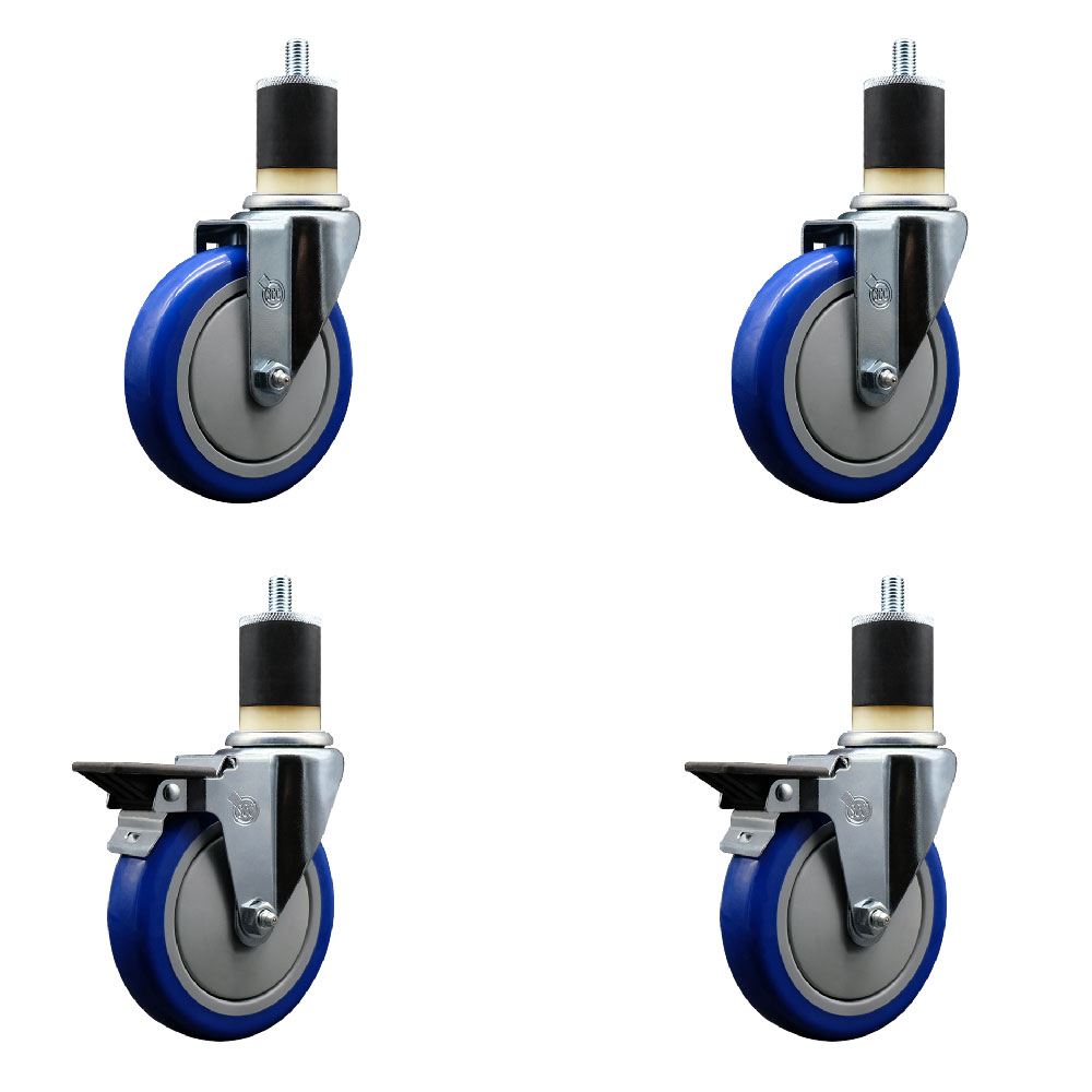 Polyurethane Swivel Expanding Stem Caster Set of 4 with 5 Inch Blue Wheels and 1-7/8" Stems - Includes 2 with Posi Locking Brakes - 1400 lbs Total Capacity - Service Caster Brand — photo 1