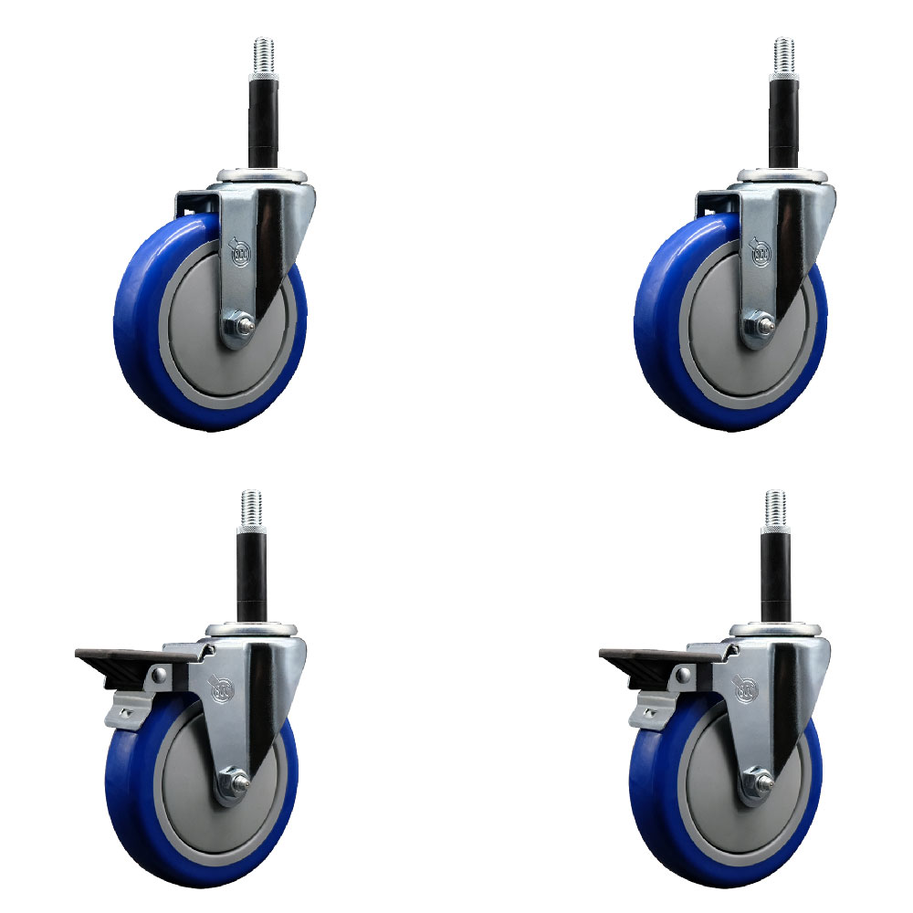 Polyurethane Swivel Expanding Stem Caster Set of 4 with 5 Inch Blue Wheels and 3/4" Stems - Includes 2 with Posi Locking Brakes - 1400 lbs Total Capacity - Service Caster Brand — photo 1