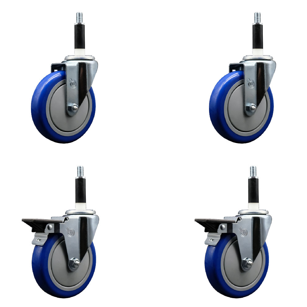 Polyurethane Swivel Expanding Stem Caster Set of 4 with 5 Inch Blue Wheels and 7/8" Stems - Includes 2 with Posi Locking Brakes - 1400 lbs Total Capacity - Service Caster Brand — photo 1
