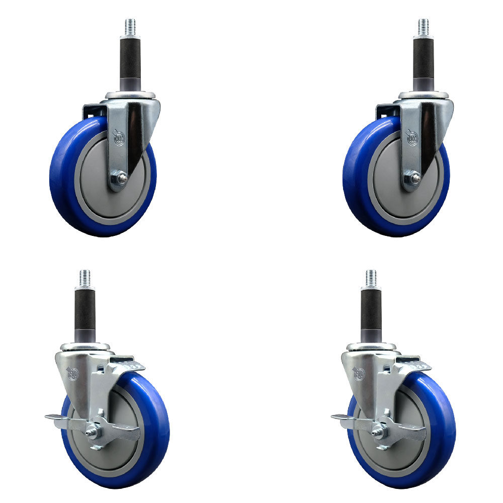 Stainless Steel Polyurethane Swivel Expanding Stem Caster Set of 4 with 5 Inch Blue Wheels and 1" Stems - Includes 2 with Top Locking Brakes - 1400 lbs Total Capacity - Service Caster Brand — photo 1