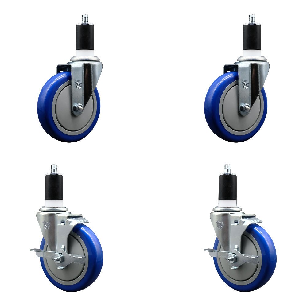 Stainless Steel Polyurethane Swivel Expanding Stem Caster Set of 4 with 5 Inch Blue Wheels and 1-1/2" Stems - Includes 2 with Top Locking Brakes - 1400 lbs Total Capacity - Service Caster Brand — photo 1