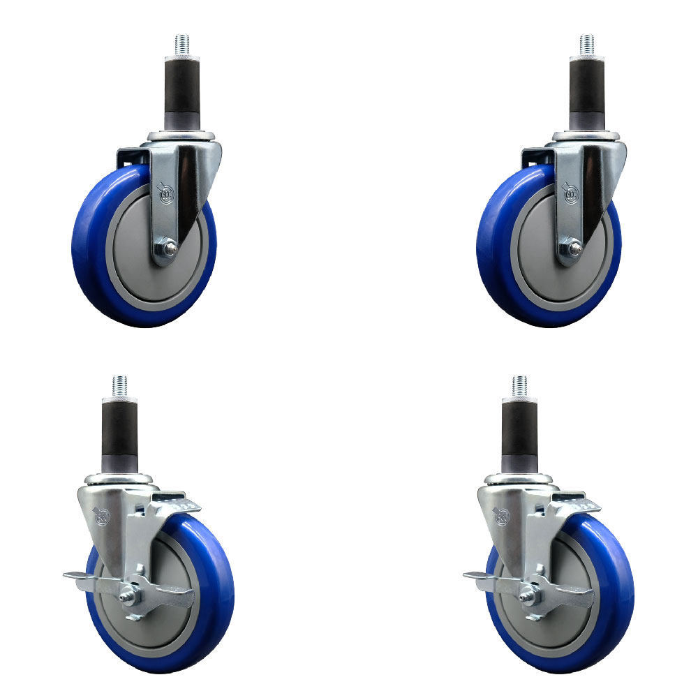 Stainless Steel Polyurethane Swivel Expanding Stem Caster Set of 4 with 5 Inch Blue Wheels and 1-1/4" Stems - Includes 2 with Top Locking Brakes - 1400 lbs Total Capacity - Service Caster Brand — photo 1