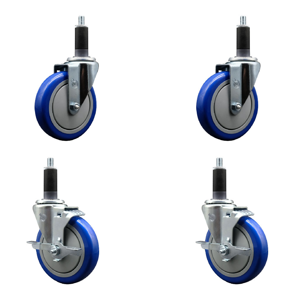 Stainless Steel Polyurethane Swivel Expanding Stem Caster Set of 4 with 5 Inch Blue Wheels and 1-1/8" Stems - Includes 2 with Top Locking Brakes - 1400 lbs Total Capacity - Service Caster Brand — photo 1