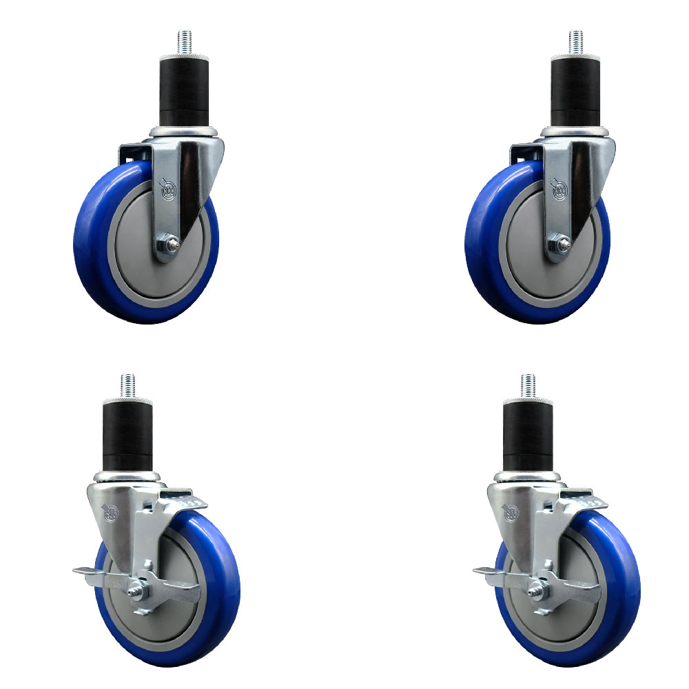 Stainless Steel Polyurethane Swivel Expanding Stem Caster Set of 4 with 5 Inch Blue Wheels and 1-3/4" Stems - Includes 2 with Top Locking Brakes - 1400 lbs Total Capacity - Service Caster Brand — photo 1