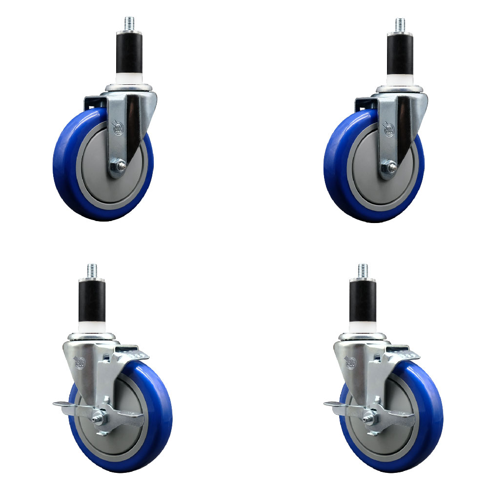 Stainless Steel Polyurethane Swivel Expanding Stem Caster Set of 4 with 5 Inch Blue Wheels and 1-3/8" Stems - Includes 2 with Top Locking Brakes - 1400 lbs Total Capacity - Service Caster Brand — photo 1