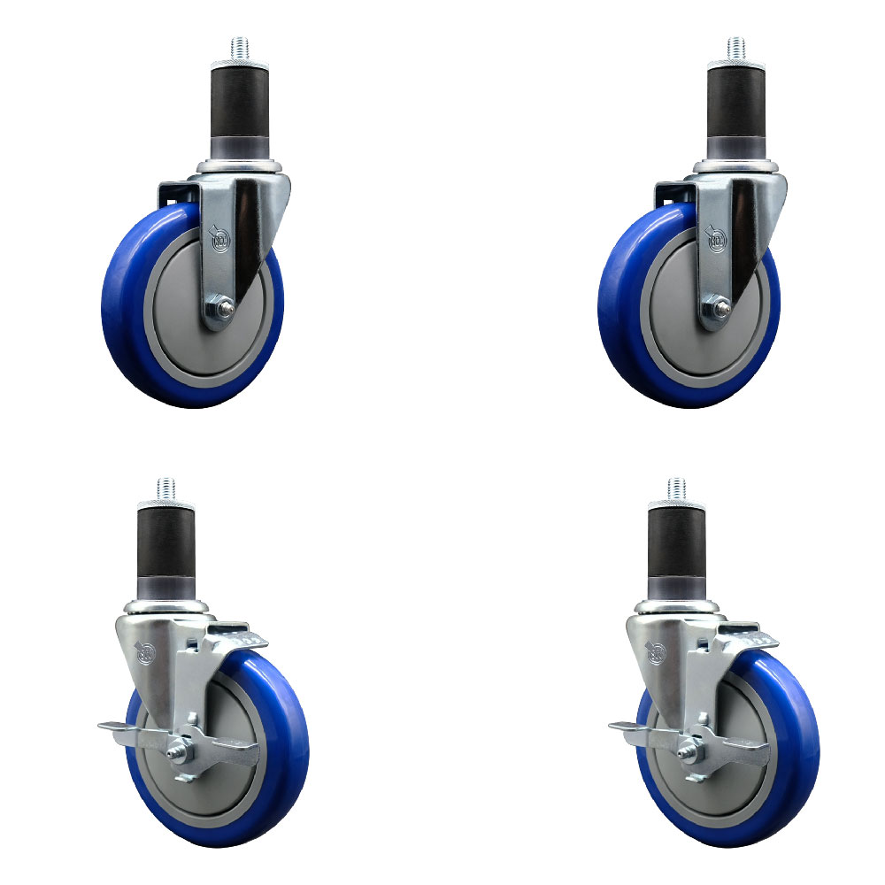 Stainless Steel Polyurethane Swivel Expanding Stem Caster Set of 4 with 5 Inch Blue Wheels and 1-5/8" Stems - Includes 2 with Top Locking Brakes - 1400 lbs Total Capacity - Service Caster Brand — photo 1