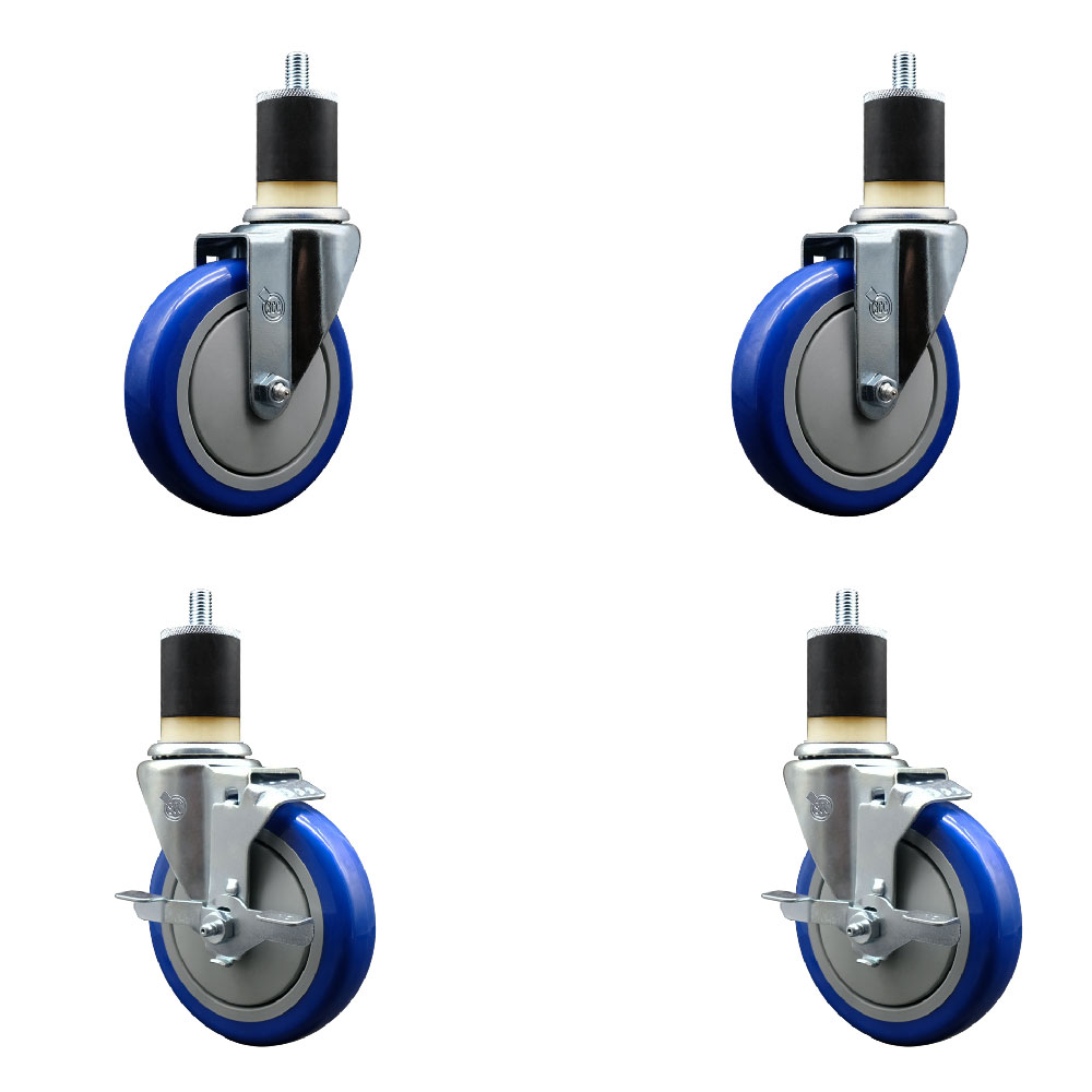 Polyurethane Swivel Expanding Stem Caster Set of 4 with 5 Inch Blue Wheels and 1-7/8" Stems - Includes 2 with Top Locking Brakes - 1400 lbs Total Capacity - Service Caster Brand — photo 1