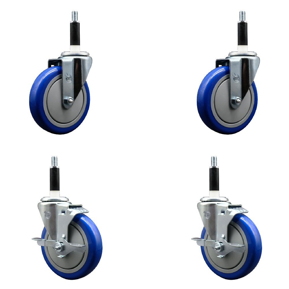 Stainless Steel Polyurethane Swivel Expanding Stem Caster Set of 4 with 5 Inch Blue Wheels and 7/8" Stems - Includes 2 with Top Locking Brakes - 1400 lbs Total Capacity - Service Caster Brand — photo 1