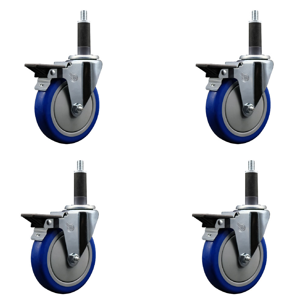 Polyurethane Swivel Expanding Stem Caster Set of 4 with 5 Inch Blue Wheels and 1" Stems - Includes 4 Swivel with Posi Locking Brakes - 350 lbs. Capacity Per Caster - Service Caster Brand — photo 1