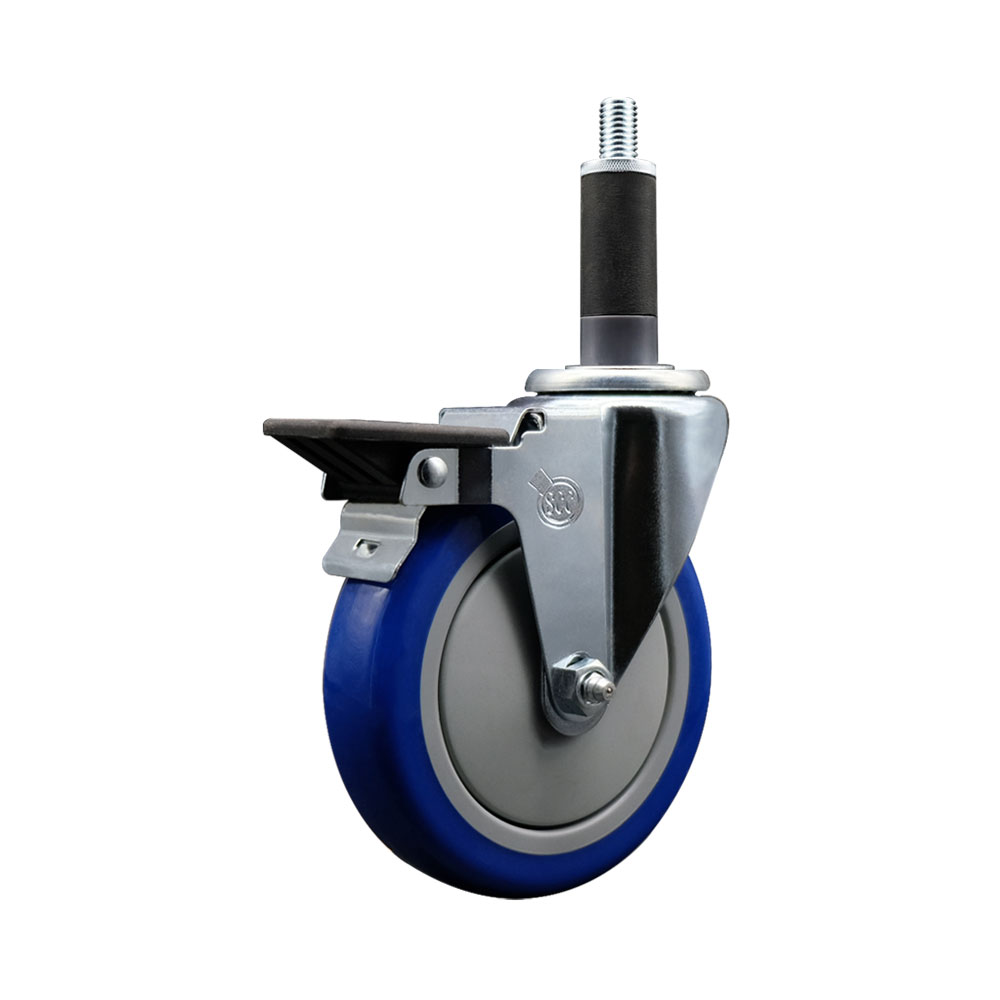 Polyurethane Expanding Stem Swivel Caster with 5 Inch Blue Wheel and 1" Stem & Posi Locking Brake - 350 lbs. Capacity Per Caster - Service Caster Brand — photo 1