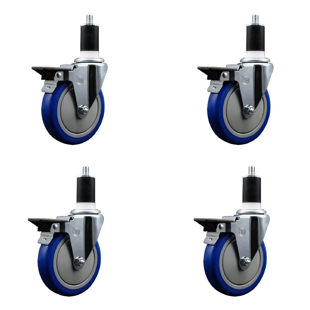 Polyurethane Swivel Expanding Stem Caster Set of 4 with 5 Inch Blue Wheels and 1-1/2" Stems - Includes 4 Swivel with Posi Locking Brakes - 350 lbs. Capacity Per Caster - Service Caster Brand — photo 1