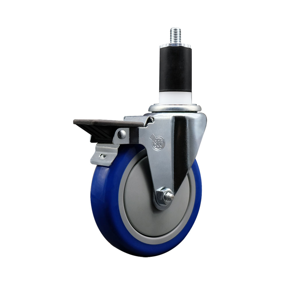 Polyurethane Expanding Stem Swivel Caster with 5 Inch Blue Wheel and 1-1/2" Stem & Posi Locking Brake - 350 lbs. Capacity Per Caster - Service Caster Brand — photo 1