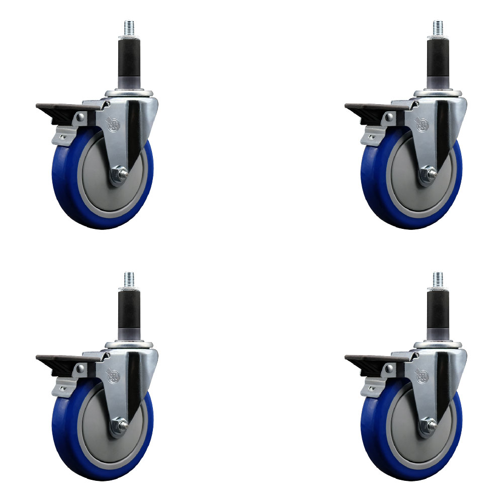 Polyurethane Swivel Expanding Stem Caster Set of 4 with 5 Inch Blue Wheels and 1-1/8" Stems - Includes 4 Swivel with Posi Locking Brakes - 350 lbs. Capacity Per Caster - Service Caster Brand — photo 1