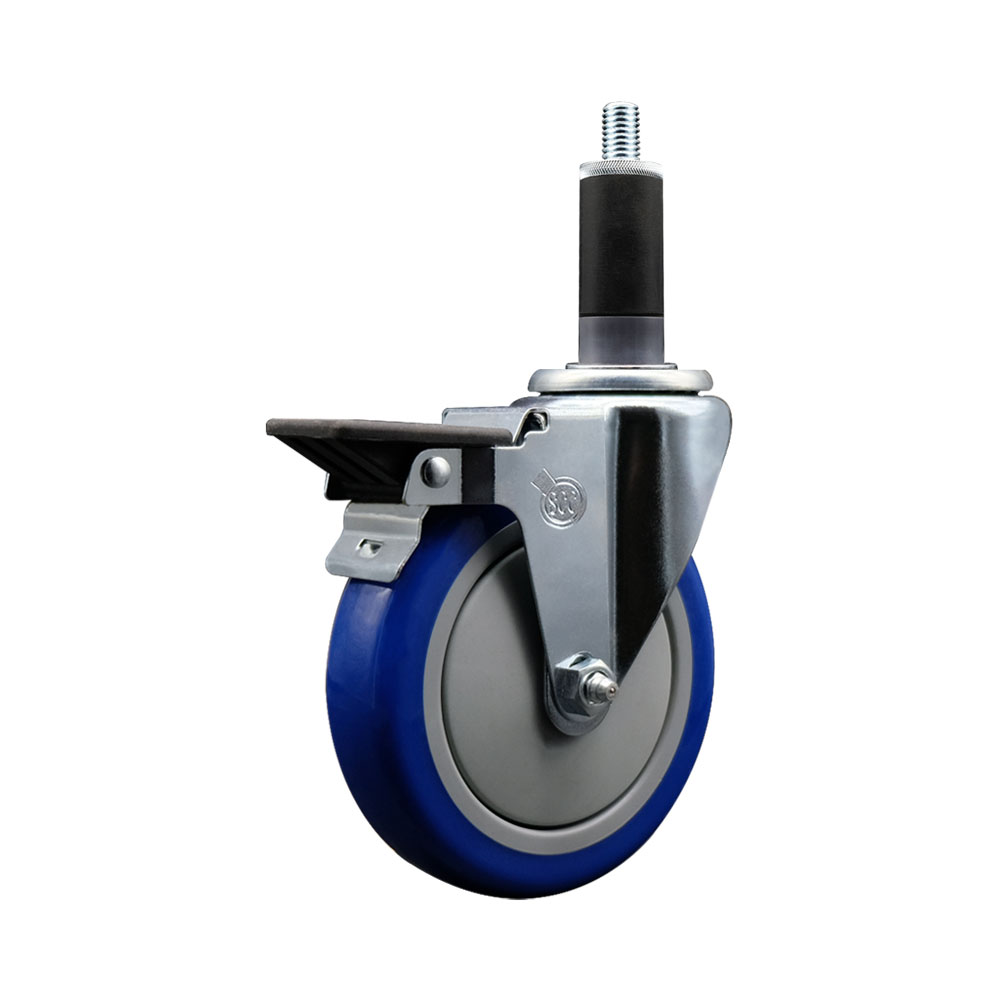 Polyurethane Expanding Stem Swivel Caster with 5 Inch Blue Wheel and 1-1/8" Stem & Posi Locking Brake - 350 lbs. Capacity Per Caster - Service Caster Brand — photo 1