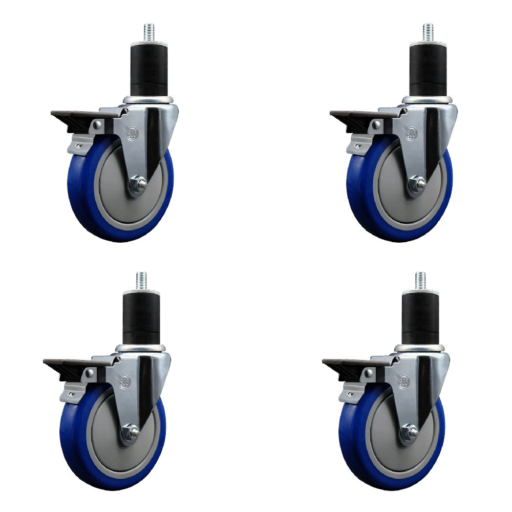 Polyurethane Swivel Expanding Stem Caster Set of 4 with 5 Inch Blue Wheels and 1-3/4" Stems - Includes 4 Swivel with Posi Locking Brakes - 350 lbs. Capacity Per Caster - Service Caster Brand — photo 1