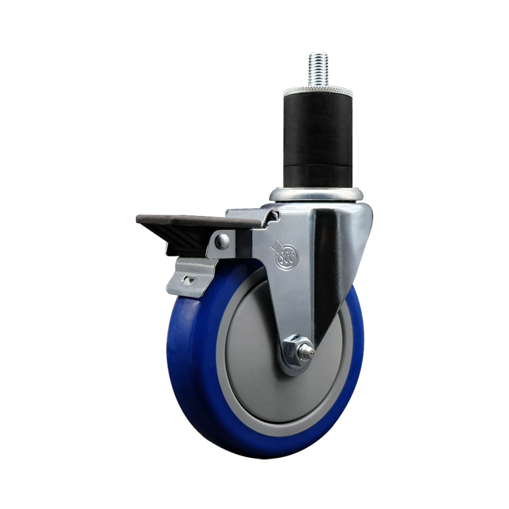Polyurethane Expanding Stem Swivel Caster with 5 Inch Blue Wheel and 1-3/4" Stem & Posi Locking Brake - 350 lbs. Capacity Per Caster - Service Caster Brand — photo 1