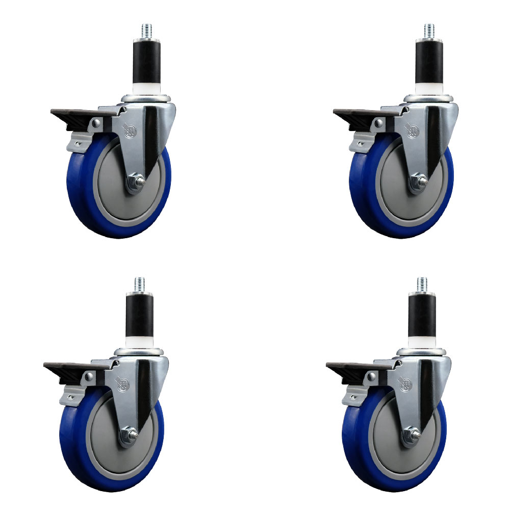 Polyurethane Swivel Expanding Stem Caster Set of 4 with 5 Inch Blue Wheels and 1-3/8" Stems - Includes 4 Swivel with Posi Locking Brakes - 350 lbs. Capacity Per Caster - Service Caster Brand — photo 1