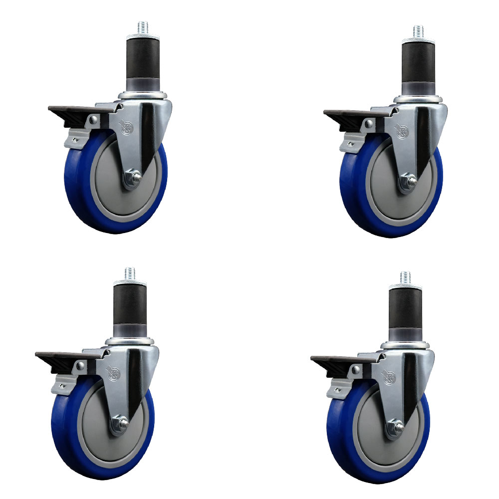 Polyurethane Swivel Expanding Stem Caster Set of 4 with 5 Inch Blue Wheels and 1-5/8" Stems - Includes 4 Swivel with Posi Locking Brakes - 350 lbs. Capacity Per Caster - Service Caster Brand — photo 1