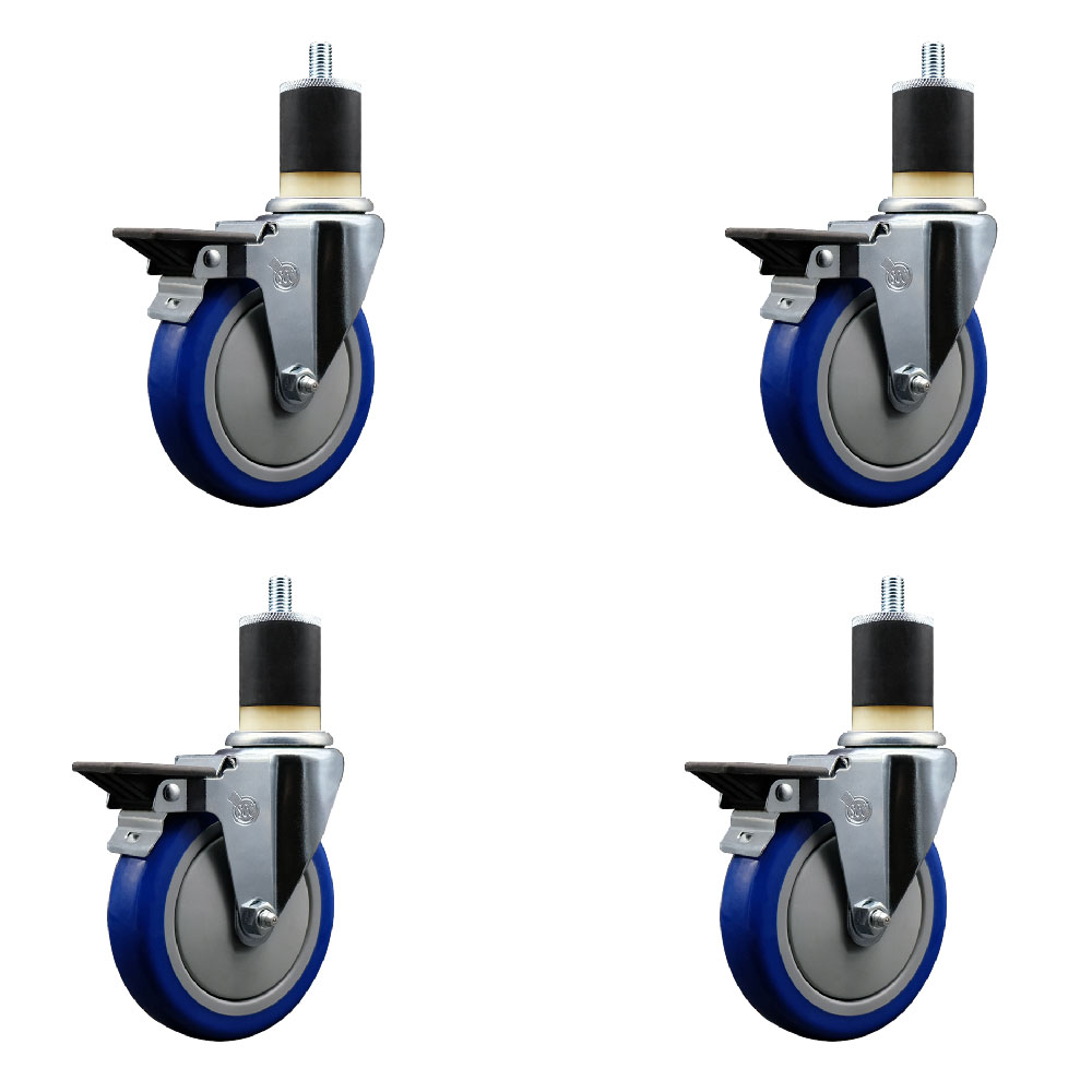 Polyurethane Swivel Expanding Stem Caster Set of 4 with 5 Inch Blue Wheels and 1-7/8" Stems - Includes 4 Swivel with Posi Locking Brakes - 350 lbs. Capacity Per Caster - Service Caster Brand — photo 1