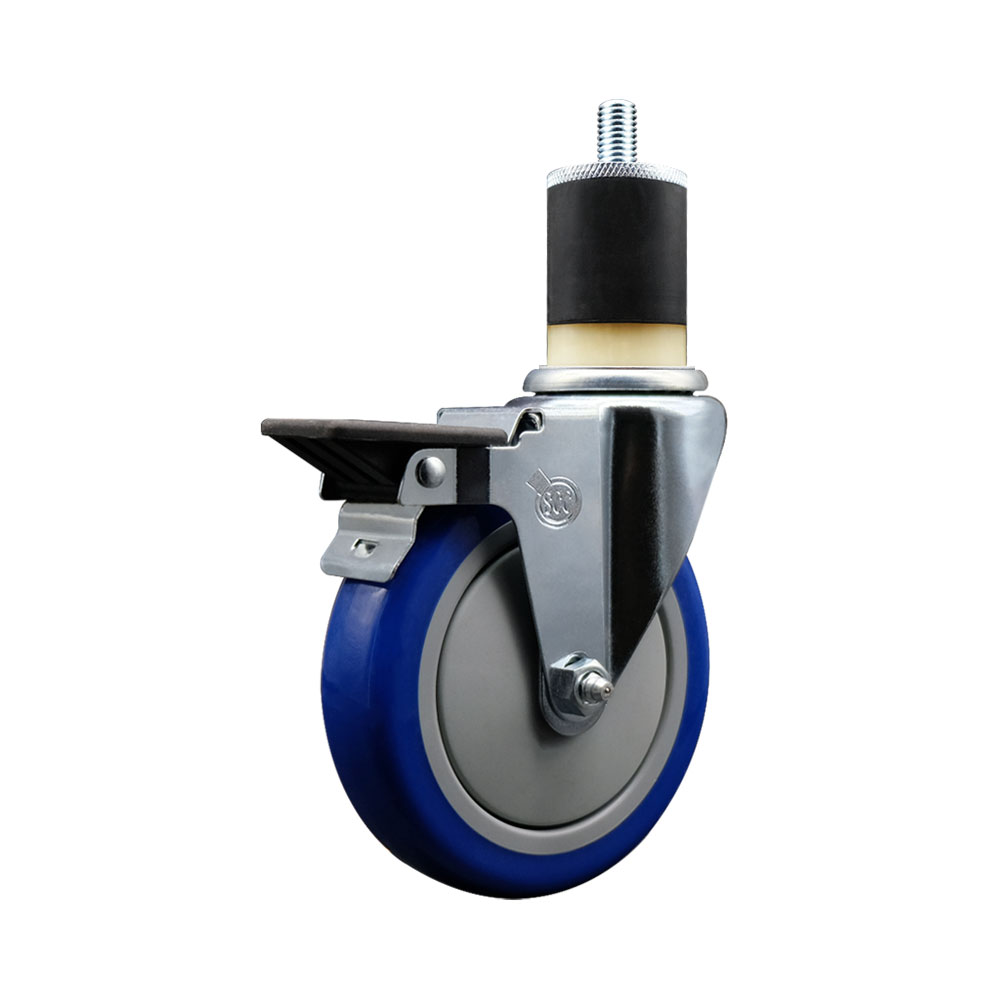 Polyurethane Expanding Stem Swivel Caster with 5 Inch Blue Wheel and 1-7/8" Stem & Posi Locking Brake - 350 lbs. Capacity Per Caster - Service Caster Brand — photo 1