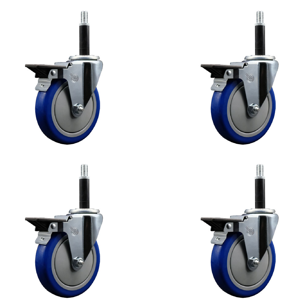 Polyurethane Swivel Expanding Stem Caster Set of 4 with 5 Inch Blue Wheels and 3/4" Stems - Includes 4 Swivel with Posi Locking Brakes - 350 lbs. Capacity Per Caster - Service Caster Brand — photo 1