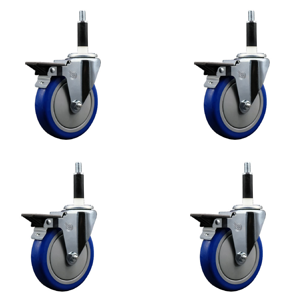 Polyurethane Swivel Expanding Stem Caster Set of 4 with 5 Inch Blue Wheels and 7/8" Stems - Includes 4 Swivel with Posi Locking Brakes - 350 lbs. Capacity Per Caster - Service Caster Brand — photo 1