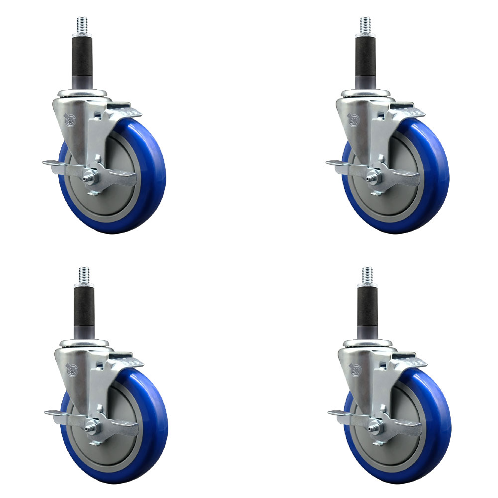 Stainless Steel Polyurethane Swivel Expanding Stem Caster Set of 4 with 5 Inch Blue Wheels and 1" Stems - 4 Swivel with Top Locking Brakes - 350 lbs. Capacity Per Caster - Service Caster Brand — photo 1