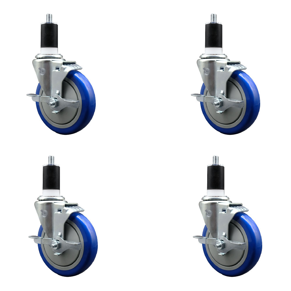 Polyurethane Swivel Expanding Stem Caster Set of 4 with 5 Inch Blue Wheels and 1-1/2" Stems - Includes 4 Swivel with Top Locking Brakes - 350 lbs. Capacity Per Caster - Service Caster Brand — photo 1
