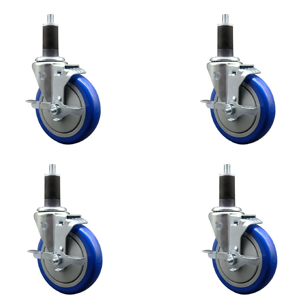 Polyurethane Swivel Expanding Stem Caster Set of 4 with 5 Inch Blue Wheels and 1-1/4" Stems - Includes 4 Swivel with Top Locking Brakes - 350 lbs. Capacity Per Caster - Service Caster Brand — photo 1