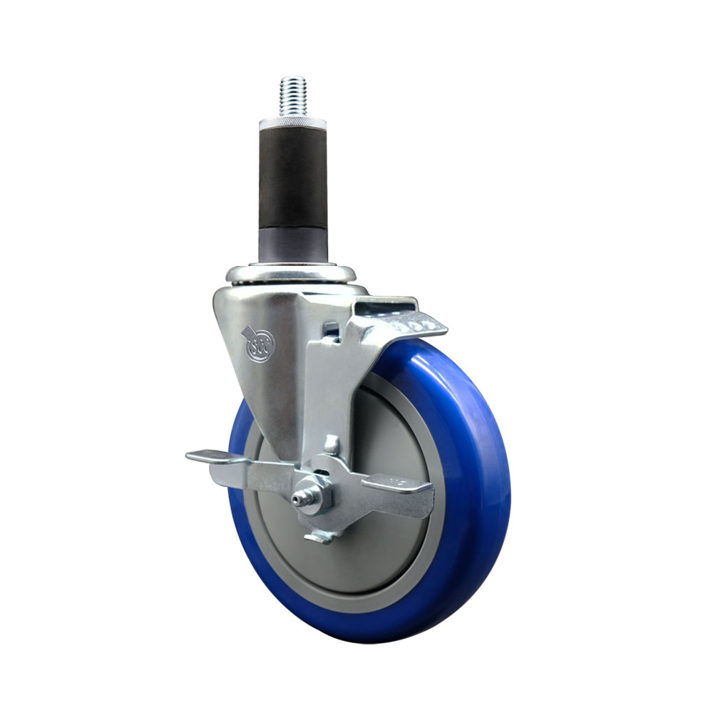 Stainless Steel Polyurethane Expanding Stem Swivel Caster with 5 Inch Blue Wheel and 1-1/4" Stem & Top Locking Brake - 350 lbs. Capacity Per Caster - Service Caster Brand — photo 1