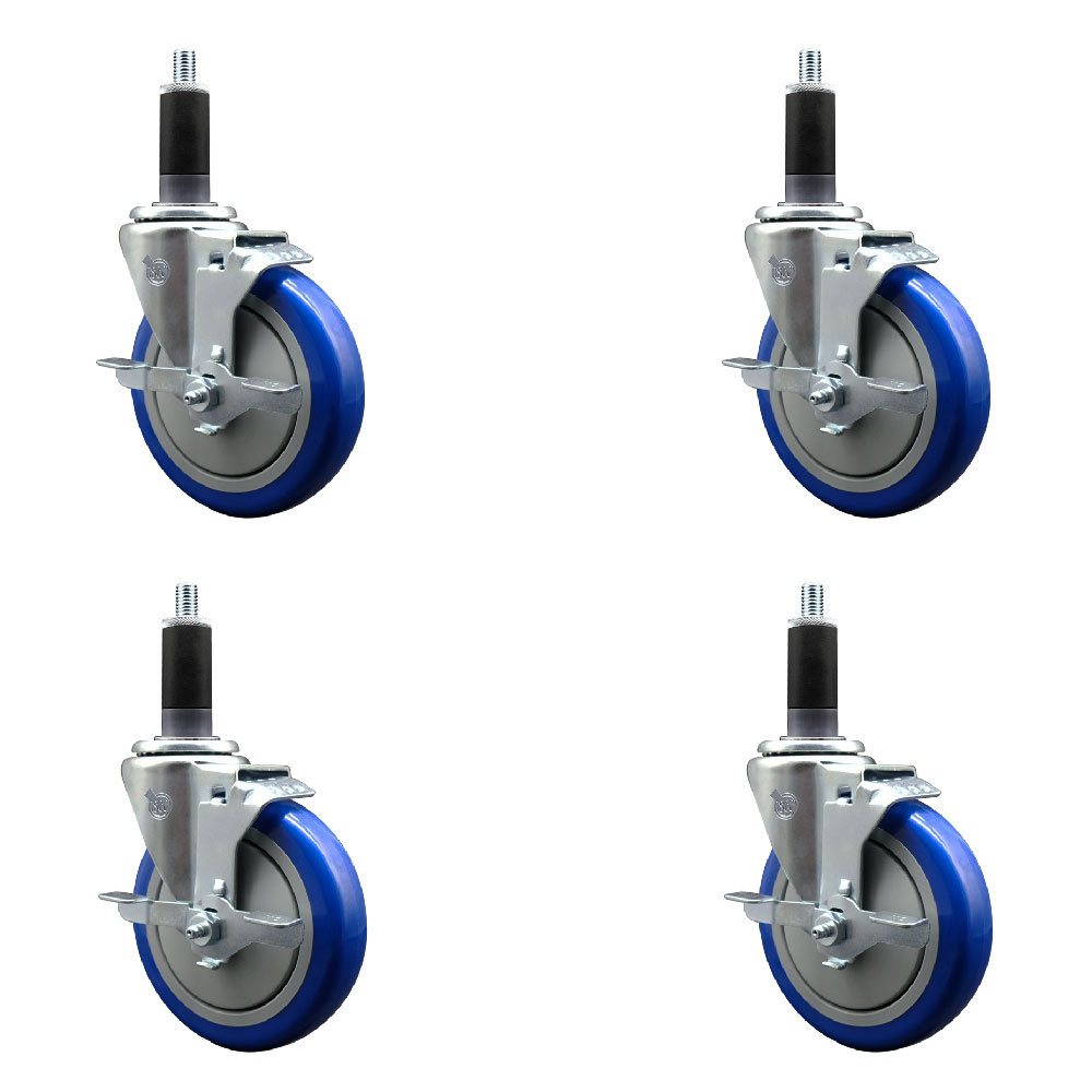 Polyurethane Swivel Expanding Stem Caster Set of 4 with 5 Inch Blue Wheels and 1-1/8" Stems - Includes 4 Swivel with Top Locking Brakes - 350 lbs. Capacity Per Caster - Service Caster Brand — photo 1