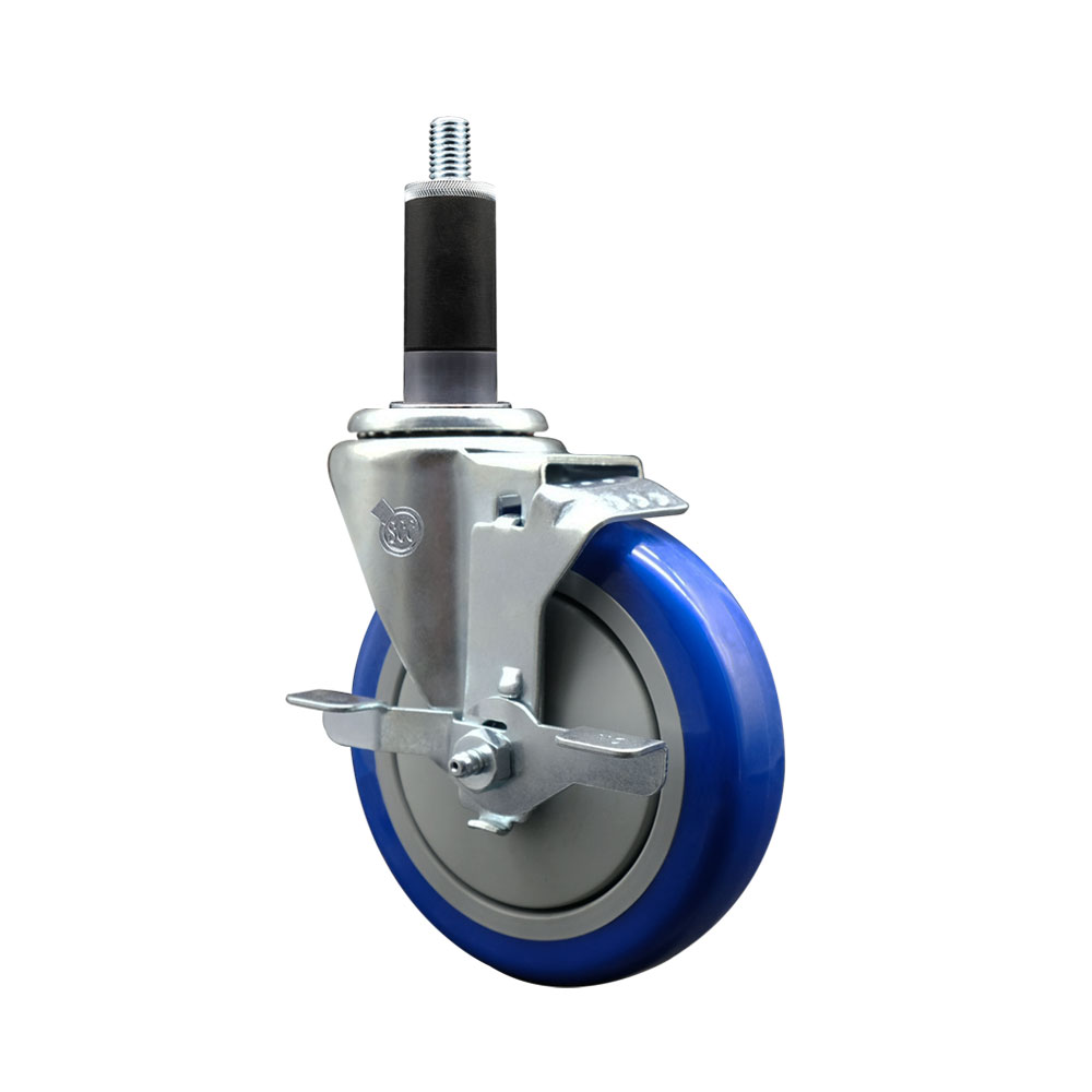 Polyurethane Expanding Stem Swivel Caster with 5 Inch Blue Wheel and 1-1/8" Stem & Top Locking Brake - 350 lbs. Capacity Per Caster - Service Caster Brand — photo 1