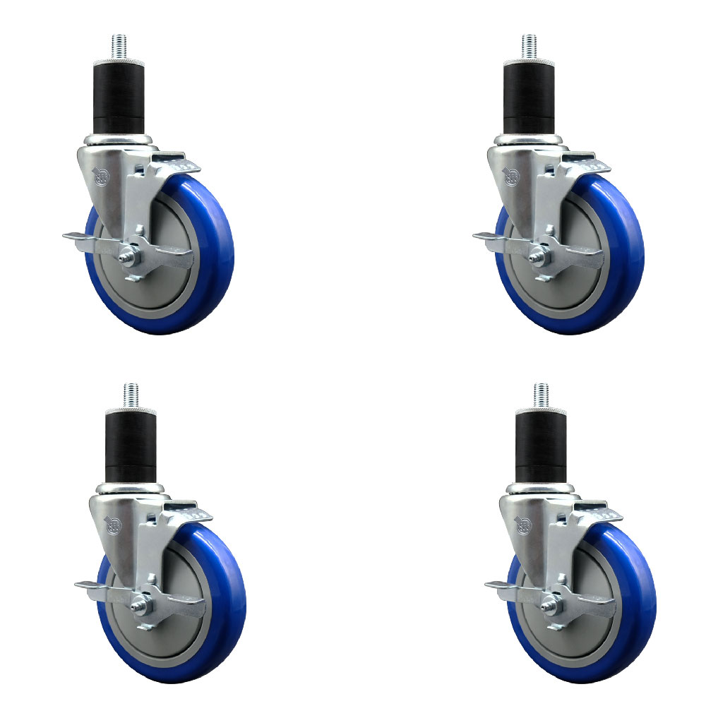 Polyurethane Swivel Expanding Stem Caster Set of 4 with 5 Inch Blue Wheels and 1-3/4" Stems - Includes 4 Swivel with Top Locking Brakes - 350 lbs. Capacity Per Caster - Service Caster Brand — photo 1