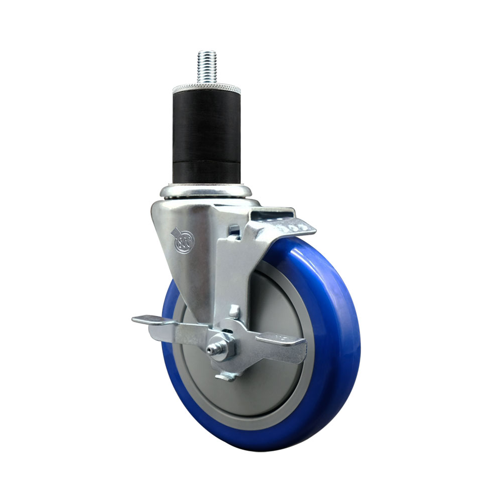 Polyurethane Expanding Stem Swivel Caster with 5 Inch Blue Wheel and 1-3/4" Stem & Top Locking Brake - 350 lbs. Capacity Per Caster - Service Caster Brand — photo 1