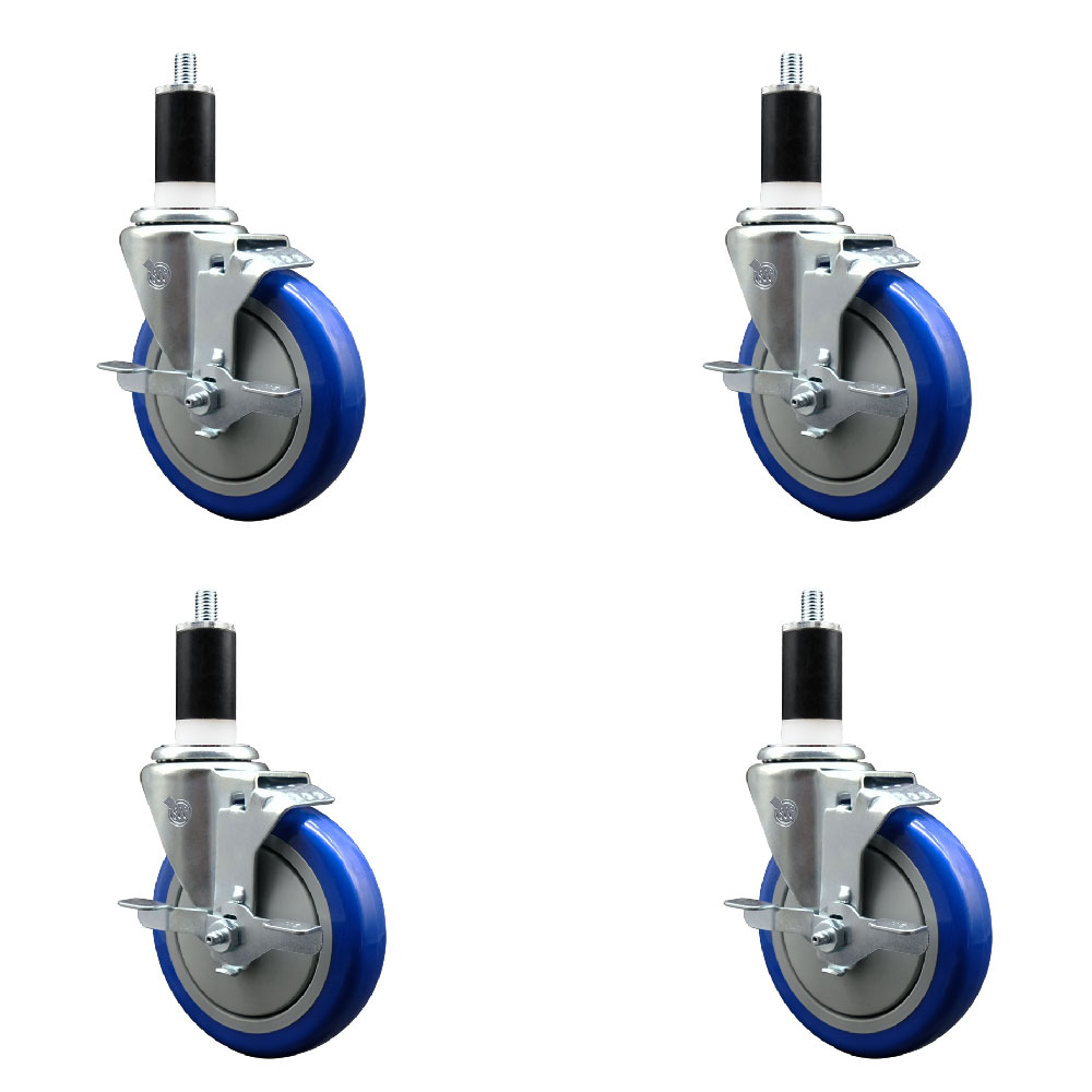 Stainless Steel Polyurethane Swivel Expanding Stem Caster Set of 4 with 5 Inch Blue Wheels and 1-3/8" Stems - 4 Swivel with Top Locking Brakes - 350 lbs. Capacity Per Caster - Service Caster Brand — photo 1