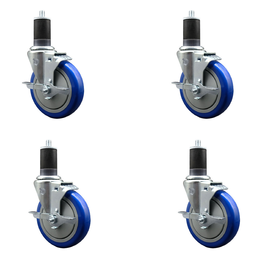 Polyurethane Swivel Expanding Stem Caster Set of 4 with 5 Inch Blue Wheels and 1-5/8" Stems - Includes 4 Swivel with Top Locking Brakes - 350 lbs. Capacity Per Caster - Service Caster Brand — photo 1