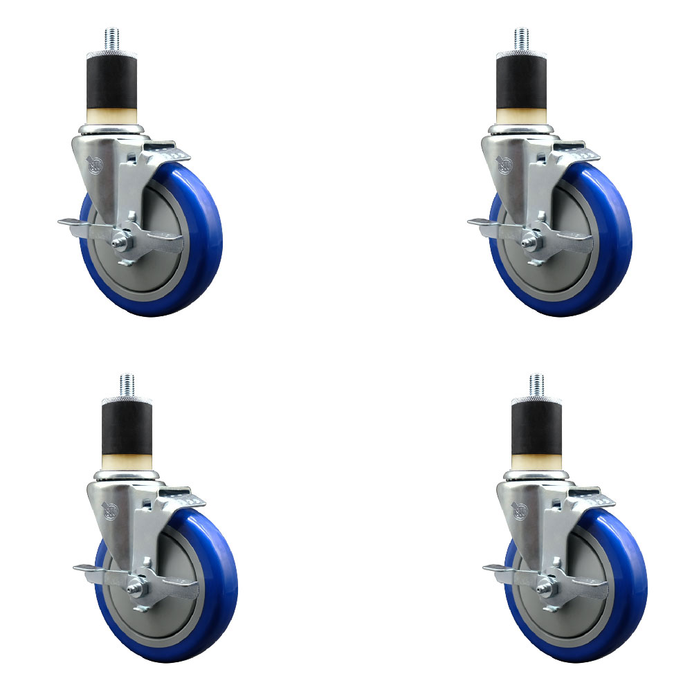 Polyurethane Swivel Expanding Stem Caster Set of 4 with 5 Inch Blue Wheels and 1-7/8" Stems - Includes 4 Swivel with Top Locking Brakes - 350 lbs. Capacity Per Caster - Service Caster Brand — photo 1