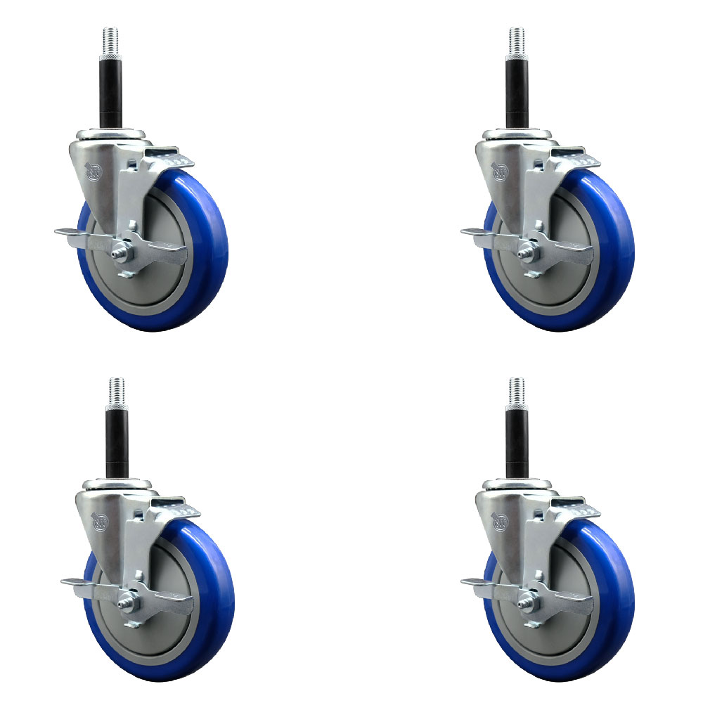 Polyurethane Swivel Expanding Stem Caster Set of 4 with 5 Inch Blue Wheels and 3/4" Stems - Includes 4 Swivel with Top Locking Brakes - 350 lbs. Capacity Per Caster - Service Caster Brand — photo 1