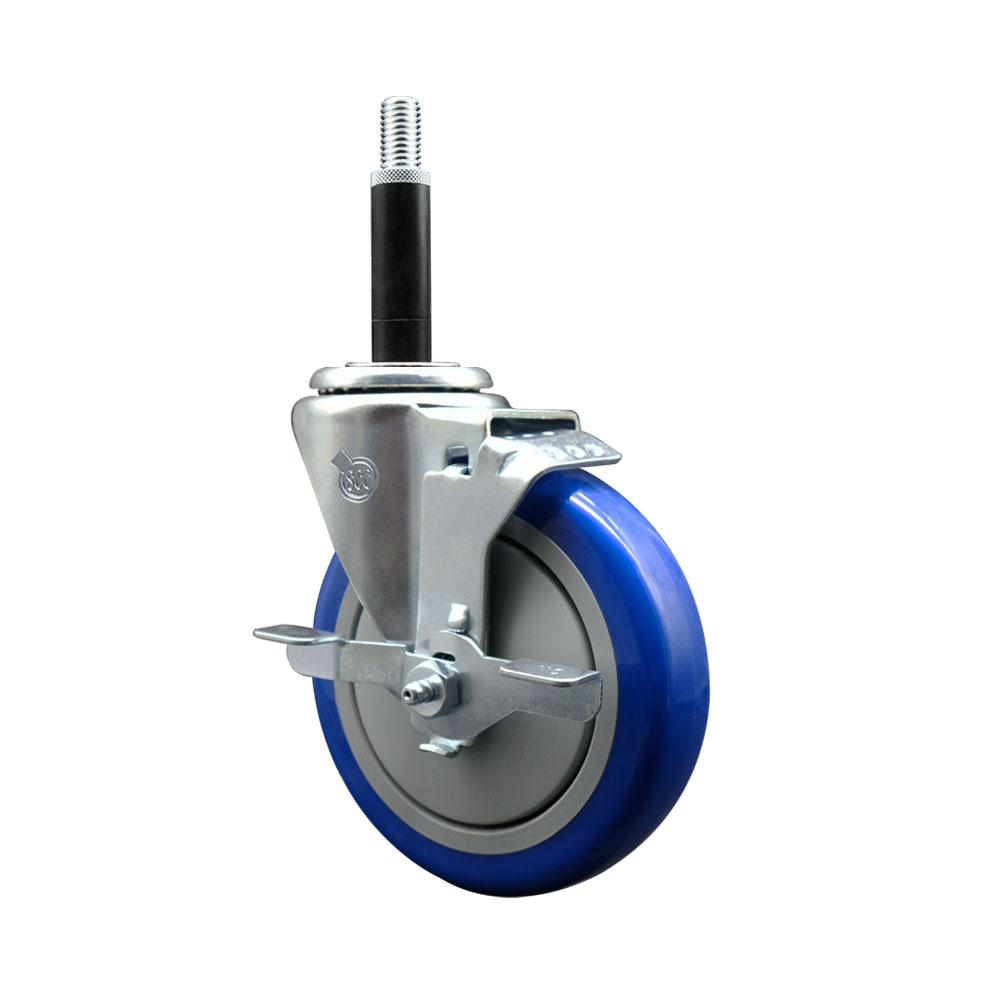 Stainless Steel Polyurethane Expanding Stem Swivel Caster with 5 Inch Blue Wheel and 3/4" Stem & Top Locking Brake - 350 lbs. Capacity Per Caster - Service Caster Brand — photo 1