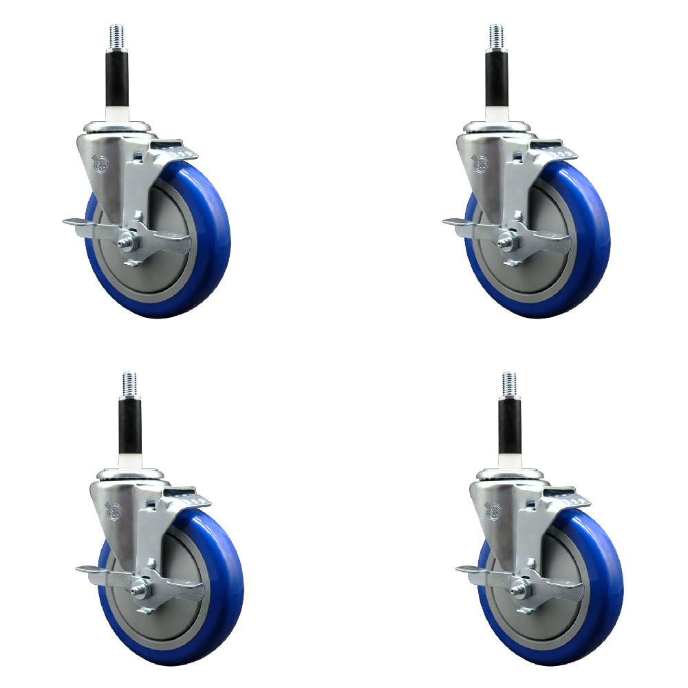 Stainless Steel Polyurethane Swivel Expanding Stem Caster Set of 4 with 5 Inch Blue Wheels and 7/8" Stems - 4 Swivel with Top Locking Brakes - 350 lbs. Capacity Per Caster - Service Caster Brand — photo 1