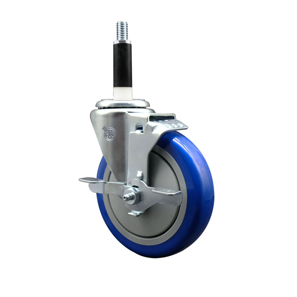 Stainless Steel Polyurethane Expanding Stem Swivel Caster with 5 Inch Blue Wheel and 7/8" Stem & Top Locking Brake - 350 lbs. Capacity Per Caster - Service Caster Brand — photo 1