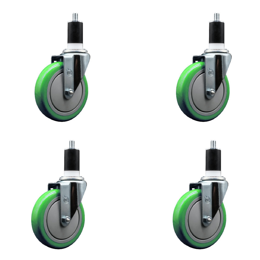Stainless Steel Polyurethane Swivel Expanding Stem Caster Set of 4 with 5 Inch Green Wheels and 1-1/2" Stems - Includes 4 Swivel - 350 lbs. Capacity Per Caster - Service Caster Brand — photo 1