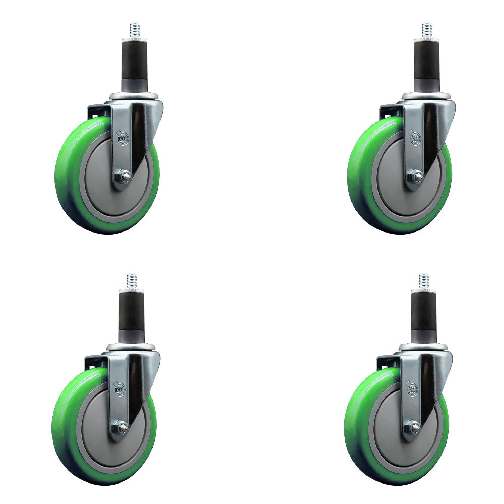 Stainless Steel Polyurethane Swivel Expanding Stem Caster Set of 4 with 5 Inch Green Wheels and 1-1/4" Stems - Includes 4 Swivel - 350 lbs. Capacity Per Caster - Service Caster Brand — photo 1