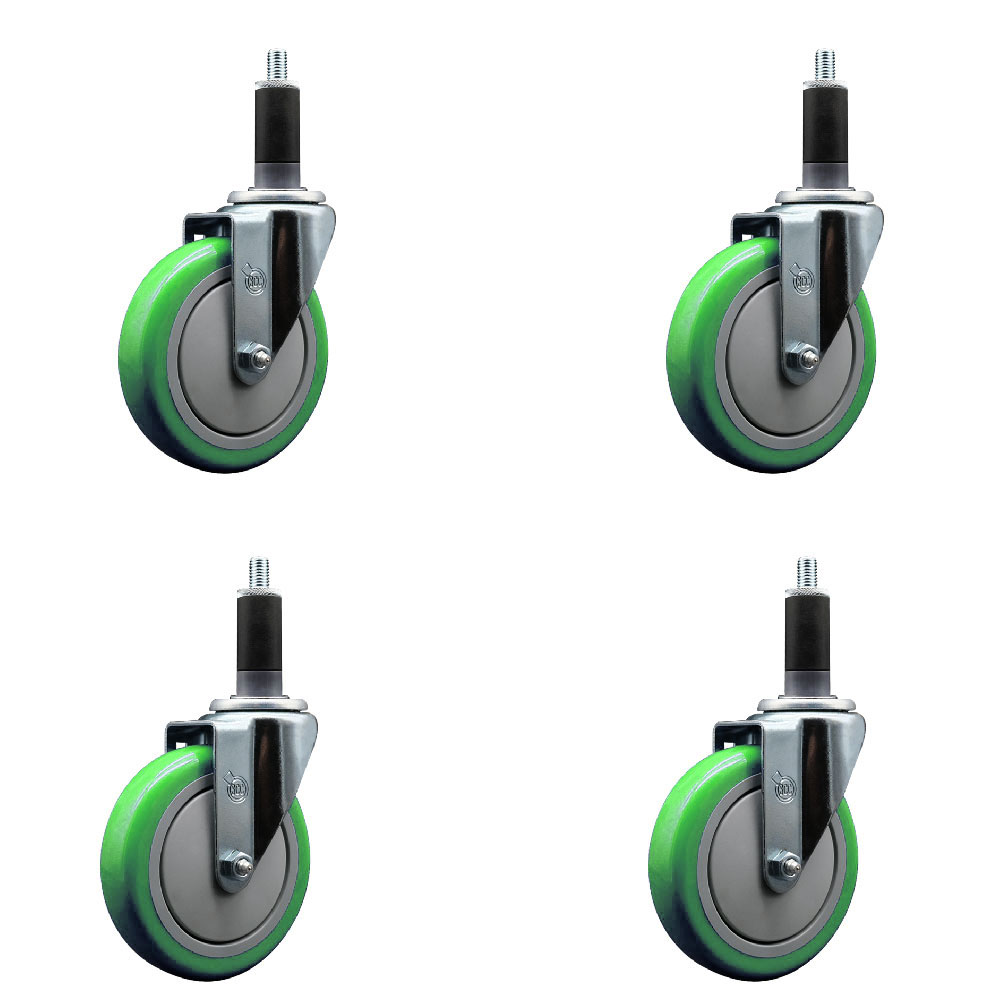 Stainless Steel Polyurethane Swivel Expanding Stem Caster Set of 4 with 5 Inch Green Wheels and 1-1/8" Stems - Includes 4 Swivel - 350 lbs. Capacity Per Caster - Service Caster Brand — photo 1