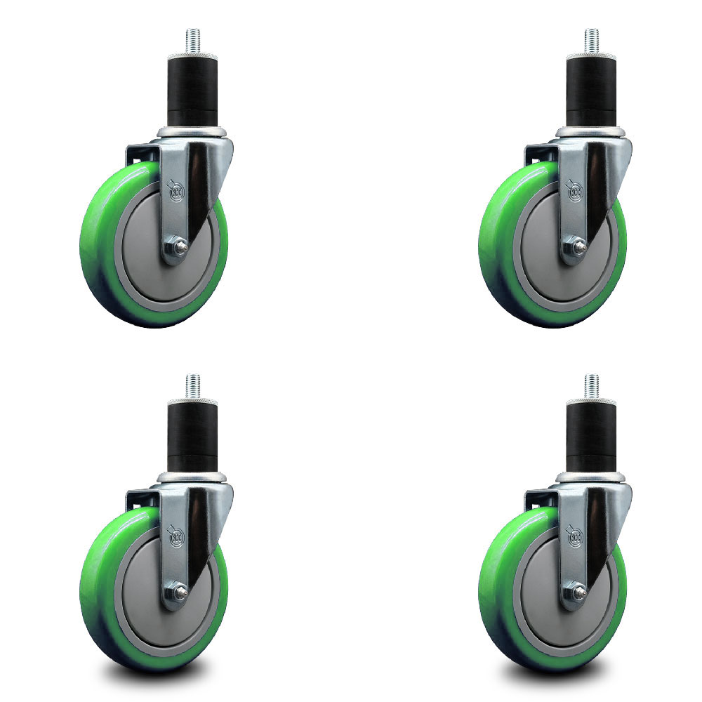 Stainless Steel Polyurethane Swivel Expanding Stem Caster Set of 4 with 5 Inch Green Wheels and 1-3/4" Stems - Includes 4 Swivel - 350 lbs. Capacity Per Caster - Service Caster Brand — photo 1