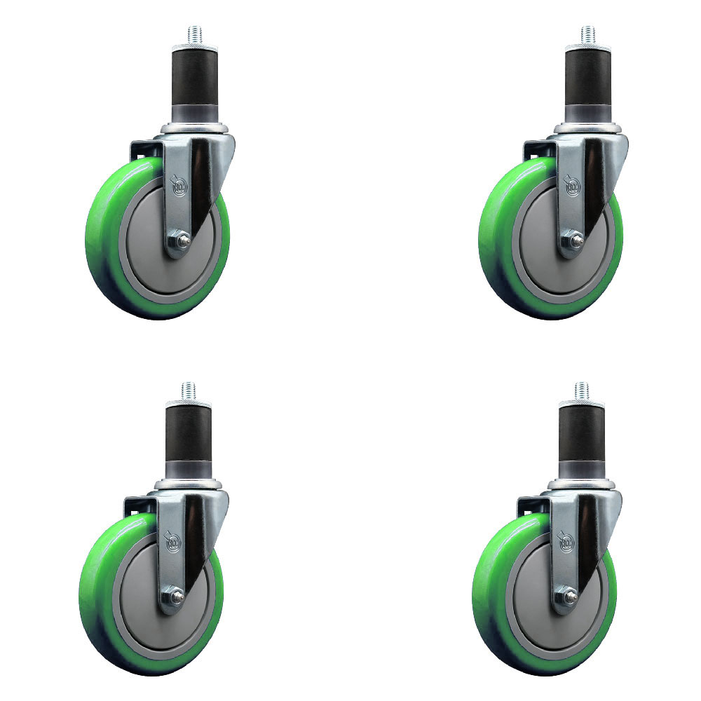 Stainless Steel Polyurethane Swivel Expanding Stem Caster Set of 4 with 5 Inch Green Wheels and 1-5/8" Stems - Includes 4 Swivel - 350 lbs. Capacity Per Caster - Service Caster Brand — photo 1