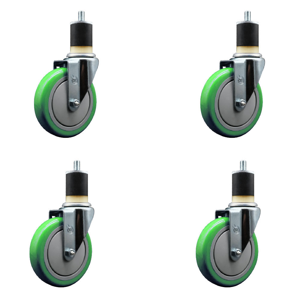 Stainless Steel Polyurethane Swivel Expanding Stem Caster Set of 4 with 5 Inch Green Wheels and 1-7/8" Stems - Includes 4 Swivel - 350 lbs. Capacity Per Caster - Service Caster Brand — photo 1